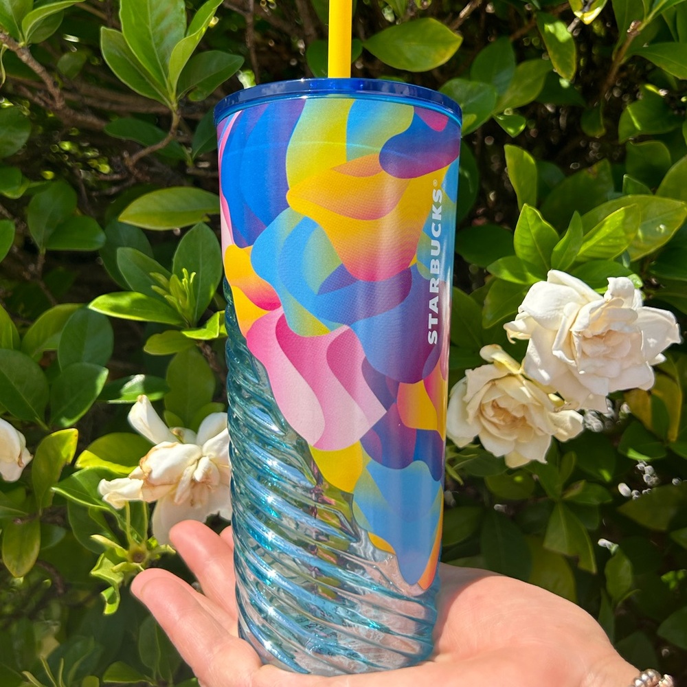 New Starbucks Glass Gradient Swirl Flower Petal Blue Cup Tumbler